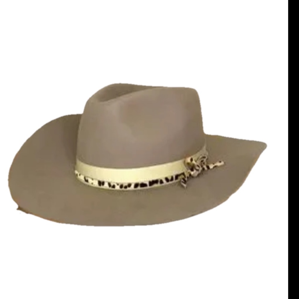 Anthropologie Wyeth by Todd Magill Taupe Fedora w Cowgirl Cheetah Print Band OS